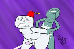 anal anal_sex balls blush cum cum_inside duo fez fez_(game) from_behind_position frostingxtract gomez_(fez) hat male male_penetrating orgasm overweight penetration penis purple_background sex slightly_chubby striped_background video_games wide_hips yaoi