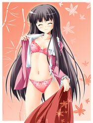 black_hair bra closed_eyes highres kaguya_houraisan kamiya_tomoe lingerie long_hair midriff navel open_clothes open_shirt panties pink_panties shirt smile solo touhou underwear undressing