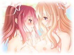 blonde_hair blue_eyes blush cg eroge female fuguriya game_cg matsubara_yuna multiple_girls oda_nanami red_eyes red_hair schoolgirl sono_hanabira_ni_kuchizuke_wo yuri