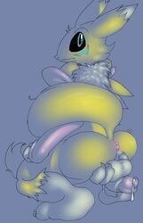 anus ass balls black_sclera blue_eyes canine crouching digimon flaccid fox gloves hauntzor long_tail looking_back penis plain_background precum presenting renamon yellow_fur