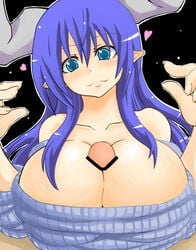 1boy 1girls 2d bare_shoulders blue_eyes blue_hair breasts censored cleavage demon_girl disgaea female heart horns huge_breasts long_hair male_pov numadaira paizuri paizuri_under_clothes penis pointy_ears pov succubus succubus_(disgaea) sweater