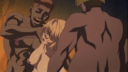 1girls 2boys black_body blade_(redo_of_healer) blonde_female blonde_hair blush femboy gangbang gangrape grabbing grabbing_from_behind green_eyes kaifuku_jutsushi_no_yarinaoshi on_floor open_mouth rape rape_face red_eyes redo_of_healer scared screencap short_hair six_pack teeth teeth_showing white_body