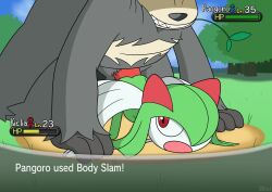 39coit ambiguous_penetration anthro big_dom_small_sub black_body black_fur countershading dominant duo female fur gameplay_mechanics genitals green_body gui health_bar hi_res humanoid kirlia looking_back male male/female nintendo on_ground open_mouth pangoro penetration penis pinned pokémon_(species) pokemon pokemon_(species) pokemon_battle red_eyes size_difference smile smirk stomach_bulge white_body white_countershading white_fur