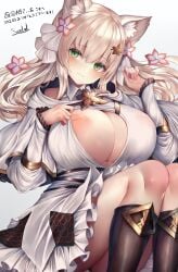 1girls 2023 animal_ears big_breasts blonde_hair blush breasts cat_ears catgirl flower flower_in_hair green_eyes hi_res kemonomimi large_breasts light-skinned_female light_skin long_hair luchet_plumerine_(lily_poemer) nipples original simple_background sitting snm_(sunimi) solo thick_thighs thighs very_long_hair