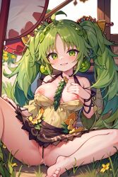 1girls ai_generated bracelets censored_pussy dress dress_up duel_monster green_eyes green_hair hair_ornament huge_breasts pregnant skirt_up smile smiling traptrix_sera twintails yu-gi-oh!