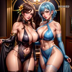 2girls ai_generated black_hair character_request copyright_request diffusionlad female female_focus female_only huge_breasts looking_at_viewer seductive seductive_look stable_diffusion voluptuous voluptuous_female