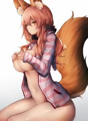 animal_ears breasts covering_nipples fate/extra fate_(series) female fox_ears fox_tail hair_ornament hair_scrunchie hi_res hood hoodie kemonomimi large_breasts long_sleeves naked_hoodie navel no_bra no_panties official_alternate_costume pink_hair scrunchie shirt smile snm_(sunimi) solo striped striped_hoodie tail tamamo_(fate) tamamo_no_mae_(fate) tamamo_no_mae_(fate/extra) yellow_eyes