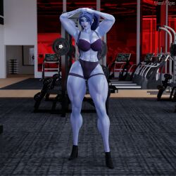 1girls 3d abs amelie_lacroix ass big_ass big_breasts black_fingernails black_nails black_thong blizzard_entertainment blue_hair braided_ponytail elbow_sleeve female female_only fit fit_female gym high_heels looking_at_viewer muscular muscular_female muscular_thighs no_pants oiled oiled_skin oily overwatch overwatch_2 ponytail purple-skinned_female purple_skin solo solo_female sports_bikini sports_bra sports_panties tattoo tattoo_on_stomach thick_thighs thong thunder_thighs vonsvaigen wide_hips widowmaker yellow_eyes