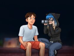 1boy 1girls 2d binoculars blue_hair bottomwear brown_hair clothed clothing darkcookie digital_drawing_(artwork) digital_media_(artwork) duo eve_(summertime_saga) female holding holding_binoculars holding_object hood hood_up hooded_jacket jeans light-skinned_female light-skinned_male light_skin looking_at_partner main_character_(summertime_saga) male male/female pants shirt shorts sitting summertime_saga topwear two_tone_hair