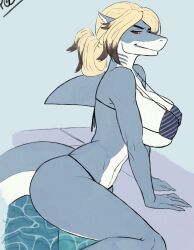 1girls anthro bikini blonde_hair blue_fur female female_only furry pochoclogigi pool poolside red_eyes self_upload shark solo solo1futa tagme