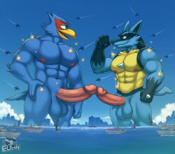 absurd_res aircraft airplane anthro avian beak blue_body canid canine city duo elfein erection falco_lombardi flexing_bicep frottage gay generation_4_pokemon genitals hi_res jet kissing lucario macro male male_only mammal muscular muscular_male nintendo penis penis_kissing pokemon pokemon_(species) sea sex ship spines star_fox vehicle water watercraft