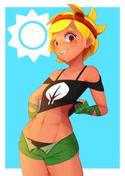 1girl 1girls 2020s 2021 abs bandage cute cyannarra denim_shorts female female_only front_view goggles goggles_on_head green_bottomwear human humanized jean_shorts looking_at_viewer panties plants_vs_zombies plants_vs_zombies:_heroes shorts smile solar_flare_(peargor) solar_flare_(pvz) standing strong_tomboy_(spectrum) sweat tan_skin tank_top thick_thighs tomboy undressing worm's-eye_view