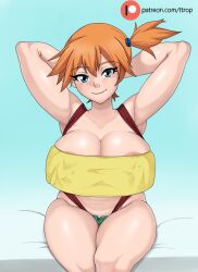 1girls alternate_breast_size big_breasts blue_eyes cleavage eyebrows eyebrows_visible_through_hair female female_only hands_behind_head huge_breasts kasumi_(pokemon) large_breasts light-skinned_female light_skin looking_at_viewer misty_(pokemon) orange_hair pokemon ponytail solo solo_female solo_focus thick_thighs thighs ttrop wide_hips