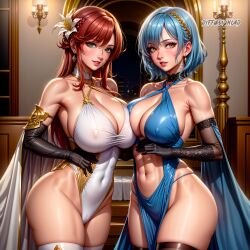 2girls ai_generated blue_hair curvy curvy_female curvy_figure diffusionlad female female_only red_hair seductive_look stable_diffusion voluptuous_female