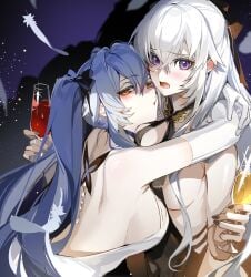 2girls akizero1510 azur_lane bare_back bare_shoulders black_dress black_nails black_ribbon blue_hair blush breasts crossed_bangs cup dress drinking_glass drunk eagle_union_(azur_lane) elbow_gloves enterprise_(azur_lane) enterprise_(heroic_finery)_(azur_lane) essex_(azur_lane) feathers gloves hair_between_eyes hair_ribbon highres holding holding_cup hug hurricane_glass large_breasts light-skinned_female light_skin long_hair looking_at_viewer multiple_girls official_alternate_costume open_mouth purple_eyes red_eyes ribbon sideboob twintails white_feathers white_gloves white_hair yuri