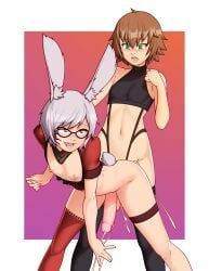 2022 2boys absurd_res alex_(alexw95) alexw95 anal anal_penetration anal_sex bent_over black_thighhighs blush brown_hair bunny_ears bunny_tail cum cum_in_ass cum_inside cum_while_penetrated cumshot femboy final_fantasy final_fantasy_xiv from_behind from_behind_position girly glasses green_eyes legband male male/male male_only male_penetrating_male medium_hair one_thighhigh penis pleasure_face red_eyes red_thighhighs short_hair skimpy skimpy_clothes smile taiyo_akari thighhighs viera white_hair yaoi