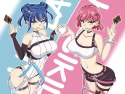 2girls arms_behind_head blue_hair blush clothes demon_girl duel_monster earring evil_twin_ki-sikil evil_twin_lil-la female female_only ki-sikil_(yu-gi-oh!) lil-la_(yu-gi-oh!) long_hair multiple_girls red_hair short_hair yu-gi-oh!