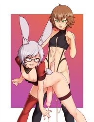 2022 2boys absurd_res after_anal alex_(alexw95) alexw95 bent_over black_thighhighs blush brown_hair bunny_ears bunny_tail cum cumshot femboy final_fantasy final_fantasy_xiv from_behind from_behind_position girly glasses green_eyes legband male male/male male_only medium_hair one_thighhigh penis penis_out pleasure_face red_eyes red_thighhighs short_hair skimpy skimpy_clothes smile taiyo_akari thighhighs viera white_hair yaoi