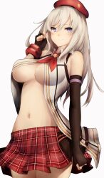 alisa_ilinichina_amiella black_gloves blue_eyes breasts cabbie_hat elbow_gloves female fingerless_gloves gloves god_eater grey_hair hat hi_res large_breasts long_hair looking_at_viewer miniskirt navel simple_background skirt smile snm_(sunimi) solo underboob