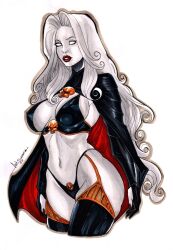 1girls 2023 chaos_comics coffin_comics death_(personification) ed_benes_studio female_focus female_only grim_reaper hi_res lady_death latex_gloves latex_thighhighs long_hair looking_at_viewer queen_of_the_dead seductive_look voluptuous voluptuous_female white_body white_hair