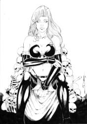 1girls 2023 chaos_comics coffin_comics death_(personification) ed_benes_studio grim_reaper huge_breasts lady_death latex_gloves latex_thighhighs long_hair looking_at_viewer queen_of_the_dead seductive_look voluptuous voluptuous_female