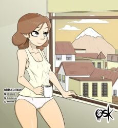 brown_hair gray_eyes hilda_(series) holding_coffee_cup holding_object johanna_(hilda) light-skinned_female light_skin looking_away nipples nipples_visible_through_clothing old_skull_kid oldskullkid panties short_hair tank_top underwear white_panties white_tank_top white_underwear