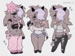 2023 big_breasts blush bra bra_visible_through_clothes breasts caprine chibi cute ear_piercing earrings female female_only furry furry_only goat goat_girl goat_horns goat_tail grey_body grey_eyes grey_fur grey_hair horizontal_pupils horns multiple_outfits noona_(noona_plz) noona_plz purple_hair purse signature simple_background sparkles tail waving