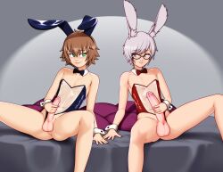 2023 2boys absurd_res alex_(alexw95) alexw95 balls blush bottomless brown_hair bunny_ears bunny_ears_(cosmetic) bunnysuit detached_collar erect_penis femboy final_fantasy final_fantasy_xiv genital_piercing girly glasses green_eyes leotard looking_at_each_other male male_only masturbation medium_hair neck_ribbon penis penis_grab penis_piercing piercing red_eyes short_hair sitting smile taiyo_akari transparent_clothing viera white_hair wrist_cuffs