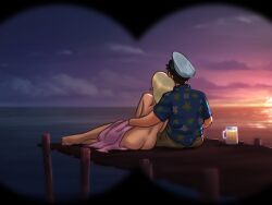 2boys 2d 2girls areolae arm_around_partner arm_around_waist ass binoculars blonde_hair bottomless bottomwear captain_hat clothed clothing couple darkcookie digital_drawing_(artwork) digital_media_(artwork) duo eve_(summertime_saga) female glass hat headwear light-skinned_female light-skinned_male light_skin main_character_(summertime_saga) male male/female nipples nude nude_female ocean pants pier romantic sara_(summertime_saga) shirt sitting summertime_saga sunset terry_(summertime_saga) topless topwear