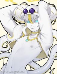 beauty_mark belly belly_button blue_eyes femboy gomi-cake hair_buns male_only nipples smirk tentacle white_hair white_skin