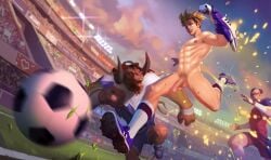 alistar anthro ball ezreal field googles grass grass_field human kicking league_of_legends lee_sin light_particles male male_focus male_only mammal minotaur motion_blur nipple_piercing public_nudity running scissor_w_gwen soccer soccer_ball soccer_field soccer_uniform striker_ezreal sweat sweeper_alistar