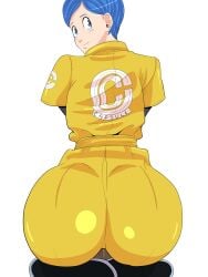 ass ass_focus back_view big_ass blue_eyes blue_hair bodysuit bubble_ass bubble_butt bulma_briefs bulma_briefs_(dragon_ball_super_superhero) dragon_ball dragon_ball_super dragon_ball_z earrings female ghost_troupe hi_res highres horsecock horsecock_dildo light-skinned_female light_skin looking_at_viewer looking_back married married_woman mature mature_female milf mother solo wife