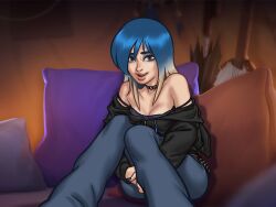 1boy 1girls 2d blue_eyes blue_hair bottomwear breasts brown_hair cleavage clothed clothing darkcookie digital_drawing_(artwork) digital_media_(artwork) duo eve_(summertime_saga) female female_focus hood_down hooded_jacket jeans light-skinned_female light-skinned_male light_skin looking_at_partner looking_at_viewer main_character_(summertime_saga) male male/female nipples_visible_through_clothing pants shirt shorts shy sitting small_breasts smile smiling summertime_saga teenage_girl teenager tent topwear two_tone_hair unzipped unzipped_jacket