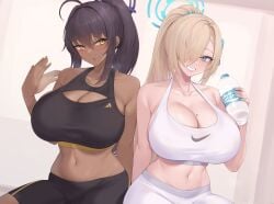 2girls absurd_res asuna_(blue_archive) black_hair blonde_hair blue_archive blue_eyes breasts chocolate_and_vanilla dark-skinned_female dark_skin female hair_over_one_eye halo huge_breasts karin_(blue_archive) kuavera light-skinned_female light_skin long_hair massive_breasts millennium_science_school_student naughty_face smile sports_bra sportswear yellow_eyes