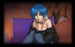1boy 1girls 2d black_border blue_eyes blue_hair bottomwear breasts brown_hair cleavage clothed clothing darkcookie digital_drawing_(artwork) digital_media_(artwork) duo eve_(summertime_saga) female female_focus holding_object hood_down hooded_jacket jeans light-skinned_female light-skinned_male light_skin looking_at_partner looking_down main_character_(summertime_saga) male male/female nipples_visible_through_clothing pants shirt shorts shy sitting small_breasts smile smiling summertime_saga teenage_girl teenager tent topwear two_tone_hair unzipped unzipped_jacket