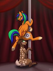 2018 anal anal_vore anus black_nose blue_hair blue_mane blue_tail brown_body brown_fur brown_hooves cloven_hooves cutie_mark dancing deer digital_media_(artwork) dock epoch_(oc) equid equine fan_character feathered_wings feathers female feral folded_wings fur genitals green_eyes green_hair green_mane green_tail grin hair hasbro hi_res hooves male male/female male_focus mammal mane multicolored_hair multicolored_mane my_little_pony naarkerotics orange_body orange_feathers orange_fur pegasus pole pole_dancing pussy scut_tail short_tail signature smile spots spotted_body spotted_fur tail two_tone_hair two_tone_mane two_tone_tail underhoof vore wings xyi