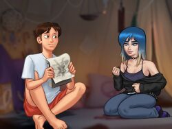 1boy 1girls 2d blue_eyes blue_hair bottomwear brown_hair clothed clothing darkcookie digital_drawing_(artwork) digital_media_(artwork) duo eve_(summertime_saga) female holding holding_object hood_down hooded_jacket jeans light-skinned_female light-skinned_male light_skin looking_at_partner looking_down main_character_(summertime_saga) male male/female nipples_visible_through_clothing pants shirt shorts shy sitting smile smiling summertime_saga tank_top teenage_girl teenager tent topwear two_tone_hair unzipped unzipped_jacket