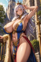 ai_generated female_focus female_only huge_breasts looking_at_viewer mature_female milf queen seductive_look stable_diffusion voluptuous voluptuous_female wealthy_female white_hair