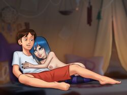 1boy 1girls 2d areolae blue_eyes blue_hair bottomless breasts breasts_out brown_hair clothed clothing darkcookie digital_drawing_(artwork) digital_media_(artwork) duo eve_(summertime_saga) female laying_down laying_on_back laying_on_side legwear light-skinned_female light-skinned_male light_skin looking_at_another looking_at_partner looking_down looking_up main_character_(summertime_saga) male male/female nipples nude nude_female on_back on_side partially_clothed perky_breasts petite petite_body shirt shorts small_breasts smile smiling spread_legs stockings striped striped_legwear summertime_saga teenage_girl teenager tent thick_thighs topless two_tone_hair