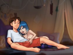 1boy 1girls 2d areolae blue_eyes blue_hair bottomless breasts breasts_out brown_hair bulge bulge_through_clothing clothed clothing darkcookie digital_drawing_(artwork) digital_media_(artwork) duo erect_penis erection erection_under_clothes eve_(summertime_saga) female horny horny_female laying_down laying_on_back laying_on_side legwear light-skinned_female light-skinned_male light_skin looking_at_another looking_at_partner looking_down looking_up main_character_(summertime_saga) male male/female nipples nude nude_female on_back on_side partially_clothed perky_breasts petite petite_body shirt shorts shorts_pull small_breasts smile smiling spread_legs stockings straight straight_hair striped striped_legwear summertime_saga teenage_girl teenager tent thick_thighs topless two_tone_hair