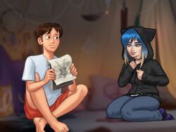 1boy 1girls 2d blue_eyes blue_hair bottomwear brown_hair clothed clothing darkcookie digital_drawing_(artwork) digital_media_(artwork) duo eve_(summertime_saga) female holding holding_object hood hood_up hooded_jacket jeans light-skinned_female light-skinned_male light_skin looking_at_partner looking_down main_character_(summertime_saga) male male/female pants shirt shorts shy sitting smile smiling summertime_saga teenage_girl teenager tent topwear two_tone_hair