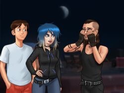 1girls 2boys 2d angry angry_expression angry_face blue_eyes blue_hair bottomwear breasts brown_hair caught clothed clothing covering covering_face darkcookie digital_drawing_(artwork) digital_media_(artwork) eve_(summertime_saga) facial_hair female fingerless_gloves gloves hand_on_hip hand_on_waist hood hood_down hooded_jacket jacket jeans light-skinned_male light_skin looking_at_partner main_character_(summertime_saga) male male/female night_sky pants perky_breasts rooftop shirt standing summertime_saga tank_top tent topwear trio tuuku_(summertime_saga) two_tone_hair