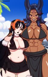 beach belly breasts brown_skin bunny_ears cloud curemone dinosaur_girl harpy muscular_female original_character original_characters sea sky utahraptor white_skin xorah_(curemone)