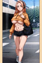 ai_generated bag headphones hoodie hoodie_lift minishorts nipple_slip orange_hair outdoors outside tokyo_revengers underboob yuzuha_shiba