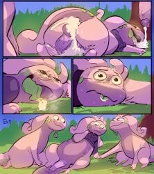 after_sex after_transformation animal_genitalia animal_penis balls bodily_fluids colored comic cum cum_in_ass cum_inside cum_on_face end_page english_text generation_6_pokemon genital_fluids genitals goodra group hi_res looking_pleasured male nintendo nude open_mouth penis pokemon pokemon_(species) purple_body saliva text tongue tongue_out trio zoba_(artist)