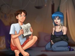 1boy 1girls 2d blue_eyes blue_hair bottomwear brown_hair clothed clothing darkcookie digital_drawing_(artwork) digital_media_(artwork) duo eve_(summertime_saga) female holding holding_object hood_down hooded_jacket jeans light-skinned_female light-skinned_male light_skin looking_at_partner looking_down main_character_(summertime_saga) male male/female nipples_visible_through_clothing pants shirt shorts shy sitting smile smiling summertime_saga teenage_girl teenager tent topwear two_tone_hair unzipped unzipped_jacket