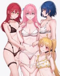 4girls ;q absurdres ass_visible_through_thighs black_bra black_choker black_panties blonde_hair blue_eyes blue_hair blush bocchi_the_rock! bow bow_earrings bra breasts choker cleavage collarbone cube_hair_ornament curvaceous deez_nuts_(meme) earrings female female_only gluteal_fold gotou_hitori green_eyes hair_ornament highres ijichi_nijika jewelry kita_ikuyo large_breasts lingerie long_hair looking_at_another looking_at_viewer measuring medium_breasts meme multiple_girls navel one_eye_closed open_mouth paid_reward_available panties pink_hair qiandaiyiyu red_eyes red_hair short_hair shy side_ahoge simple_background small_breasts stomach tape_measure tears thigh_gap thigh_strap thighs thumbs_up tongue tongue_out underwear underwear_only v voluptuous white_background white_bra white_panties yamada_ryou yellow_bra yellow_eyes