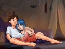 1boy 1girls 2d areolae balls big_penis biting_lip biting_own_lip blue_eyes blue_hair bottomless boxers_down breasts breasts_out brown_hair clothed clothing darkcookie digital_drawing_(artwork) digital_media_(artwork) duo erect_penis erection eve_(summertime_saga) female horny horny_female huge_cock laying_down laying_on_back laying_on_side legwear light-skinned_female light-skinned_male light_skin looking_at_another looking_at_partner looking_at_penis looking_down main_character_(summertime_saga) male male/female nipples nude nude_female on_back on_side partially_clothed penis penis_out perky_breasts petite petite_body shirt shorts shorts_down small_breasts smile smiling spread_legs stockings straight straight_hair striped striped_legwear summertime_saga surprised surprised_expression teenage_girl teenager tent thick_thighs topless two_tone_hair