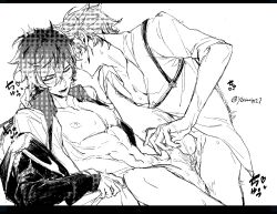 2boys anal anal_penetration blush childe_(genshin_impact) gay genshin_impact greyscale handjob male male/male pecs penetration saliva single_earring tartaglia_(genshin_impact) yaoi yuu4127(artist) zhongli_(genshin_impact)