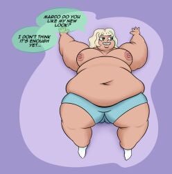 1girls bbw belly big_belly big_breasts blonde_hair breasts dark-skinned_female dark_skin dialogue fat female jackie_lynn_thomas lamosca99 nipples obese on_back overweight star_vs_the_forces_of_evil text